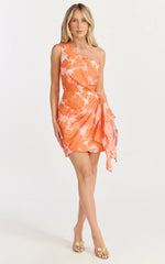 Brailey Mini Dress - One Shoulder Wrap Front Dress in Orange Jacquard