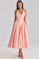 Peach Cotton Halter Neck Midi Sundress