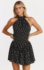 Ruby Mini Dress - Halter Neck Tie Drop V Waist  Gathered Dress in Black Polka Dot Print