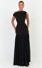 Azure Maxi Dress - Tipped Shoulder Dress With Tuck Detail and Leg Split in Black