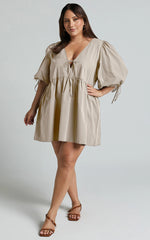 Rosita Mini Dress - Tie Front Puff Sleeve Dress in Stone