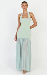 Barbara Maxi Dress - Halter Scoop Neck Contrast Georgette Dress in Sage