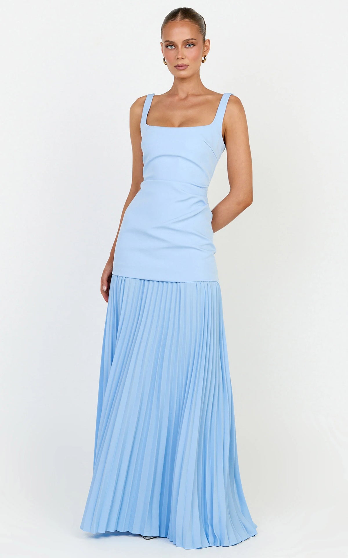 Sol Maxi Dress - Scooped Neck Contrast Pleated Dress in Light Blue