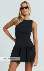 Izira Mini Dress - Boat Neck Drop Waist Shift Dress in Black