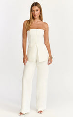 Amelia Two Piece Top and Pant Set - Strapless Button Down Top And Tailored Wide Leg Pants Set in White