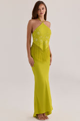 Chartreuse Satin Custom Embellished Fringed Maxi Dress - Limited Edition