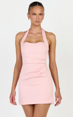 Sandy Mini Dress - Sweetheart Neckline Halter Dress With Tuck Detail in Pink