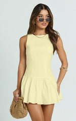 Izira Mini Dress - Boat Neck Drop Waist Shift Dress in Butter Yellow