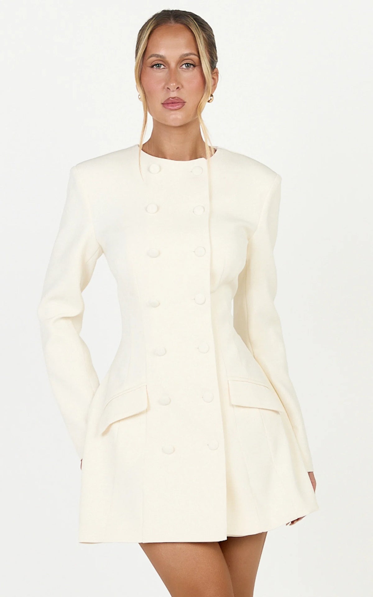 Charlotte Mini Dress - Double Breasted Long Sleeve Dress in Cream