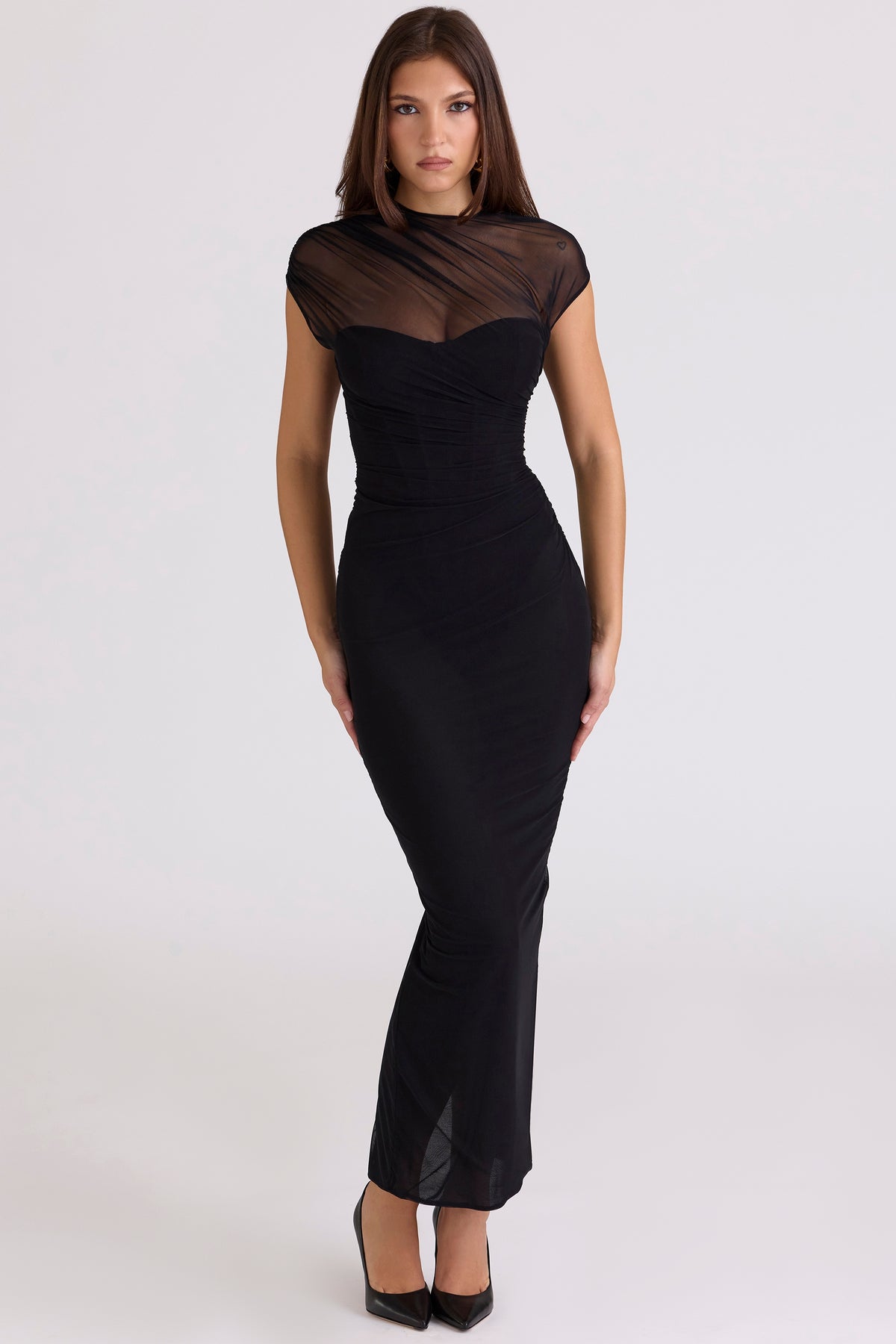 Black Draped Mesh Maxi Dress