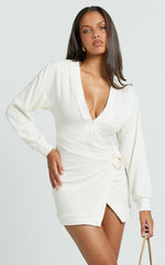 Tarah Mini Dress - Wrap Front Twist Trim Knit Dress in Ivory