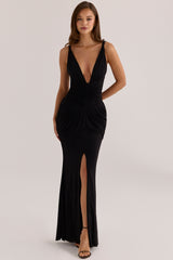 Black Liquid-soft Jersey Plunge Maxi Dress