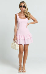 Thalia Mini Dress - Scoop Neck Ruffle Hem Dress in Baby Pink