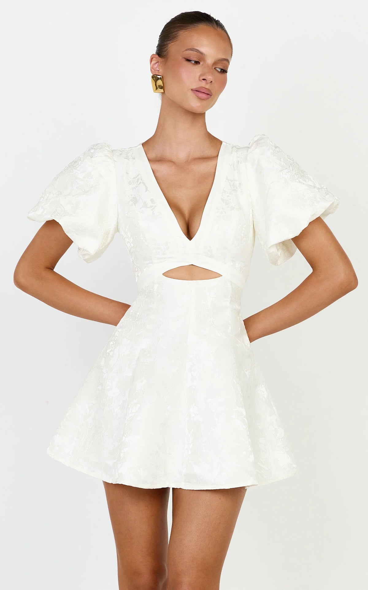 Rosalie Mini Dress - Floral Jacquard V Neck Fit and Flare Dress in White