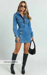 Ainsley Mini Dress - Button Through Long Sleeve Denim Dress in Mid Blue Wash