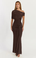 Nicolette Maxi Dress - Cape Sleeve Off Shoulder Dress in Chocolate