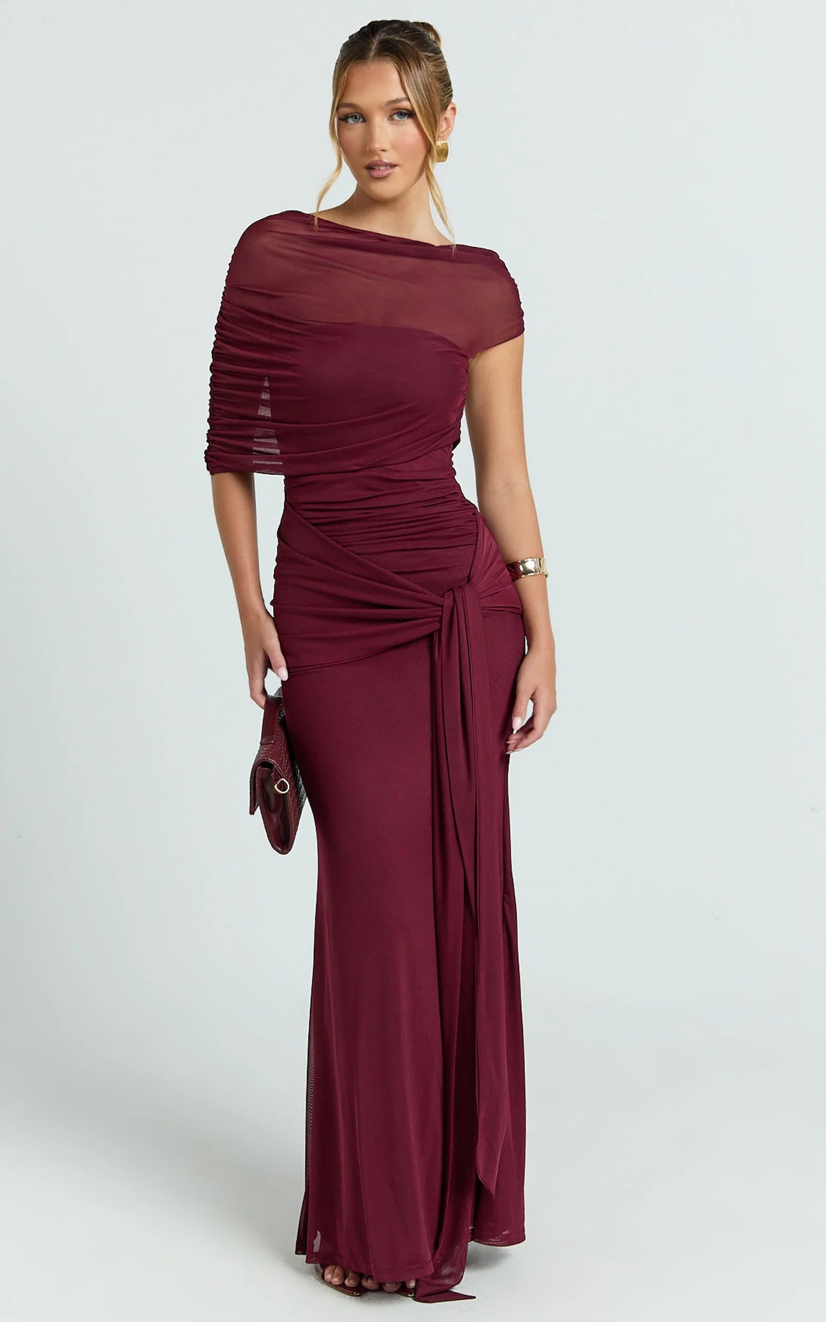 Nicolette Maxi Dress - Cape Sleeve Off Shoulder Dress in Wine