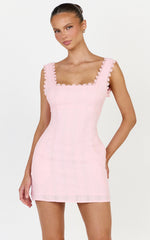 Sylvia Mini Dress - Square Neck Lace Trim A Line Mini Dress in Pink