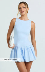 Izira Mini Dress - Boat Neck Drop Waist Shift Dress in Blue