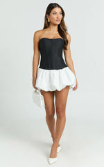Santana Mini Dress - Strapless Fit And Flare Bubble Hem Dress in Black/White