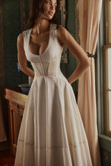 White Cotton Waist Cinch Midi Sundress