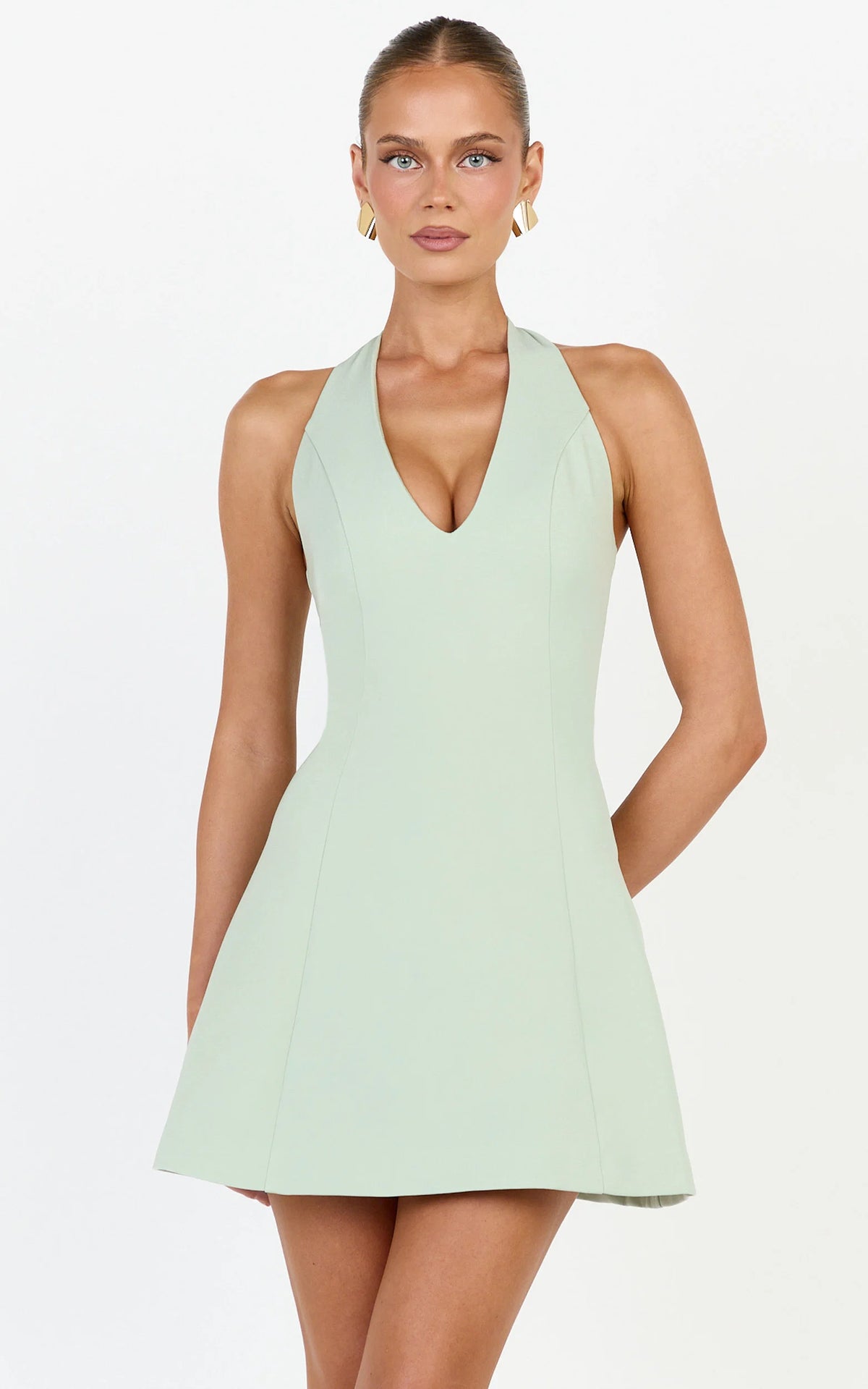 Saphine Mini Dress - Deep V Halter Neck A Line Mini Dress in Pistachio