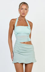 Ocean Mini Dress - Asymmetric Halter Neck Floral Trim Ruffle Skirt Dress in Mint