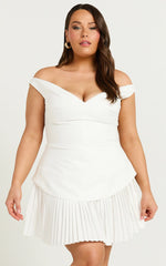 Izara Mini Dress - Off Shoulder Pleated Dress in Off White