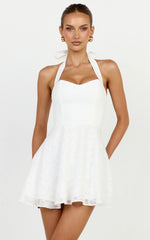 Seraphina Mini Dress - Halter Neck Clipped Jacquard Dress in White