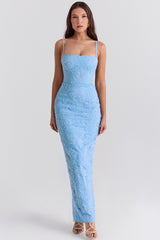 Tuscan Blue Embroidered Floral Maxi Dress