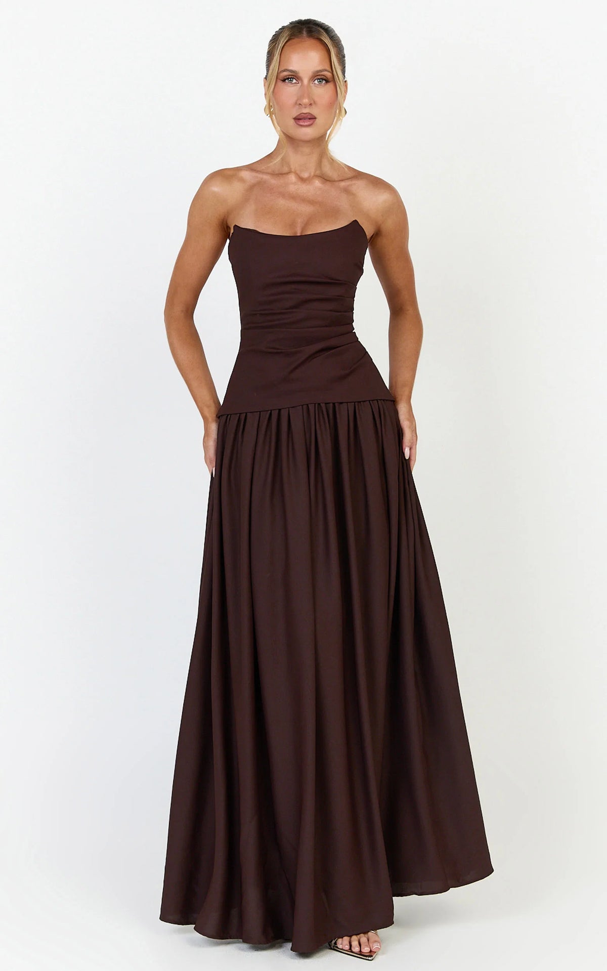 Marlowe Maxi Dress - Strapless Gathered Bodice Fit And Flare Dress in Chocolate