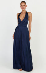 Kayla Maxi Dress - Plunge Neckline Pleated Halter Dress in Navy