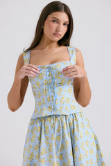 Soft Blue Vintage Floral Print Cotton Top