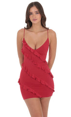 Ruffle V-Neck Dress in Red