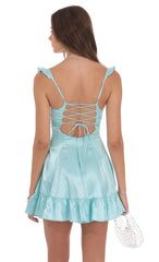 Satin Ruffle Fit and Flare Dress in Aqua