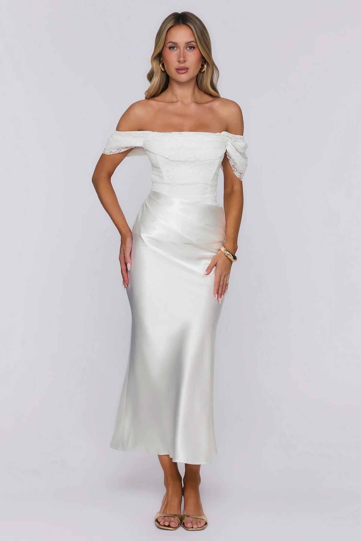 Love Looks Good Lace Satin Off Shoulder Maxi Dress White