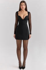 Black Stretch Crepe Plunge Mini Dress