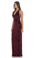 Velvet Floral Halter Cowl Neck Maxi Dress in Plum