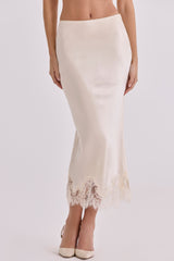 Vintage Ivory Satin + Lace Midi Skirt