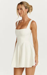 Harmony Mini Dress - Wide Strap Square Neck Fit And Flare Dress in Off White