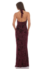 Velvet Floral Halter Cowl Neck Maxi Dress in Plum