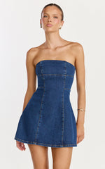 Mirabel Mini Dress - Denim Strapless A Line Mini Dress in Dark Mid Blue Wash