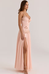 Blush Satin Custom Hand Beaded Embellished Maxi Dress - Limited Edition