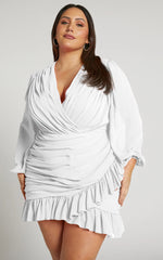 Can I Be Your Honey Mini Dress - Plunge Balloon Sleeve Dress in White