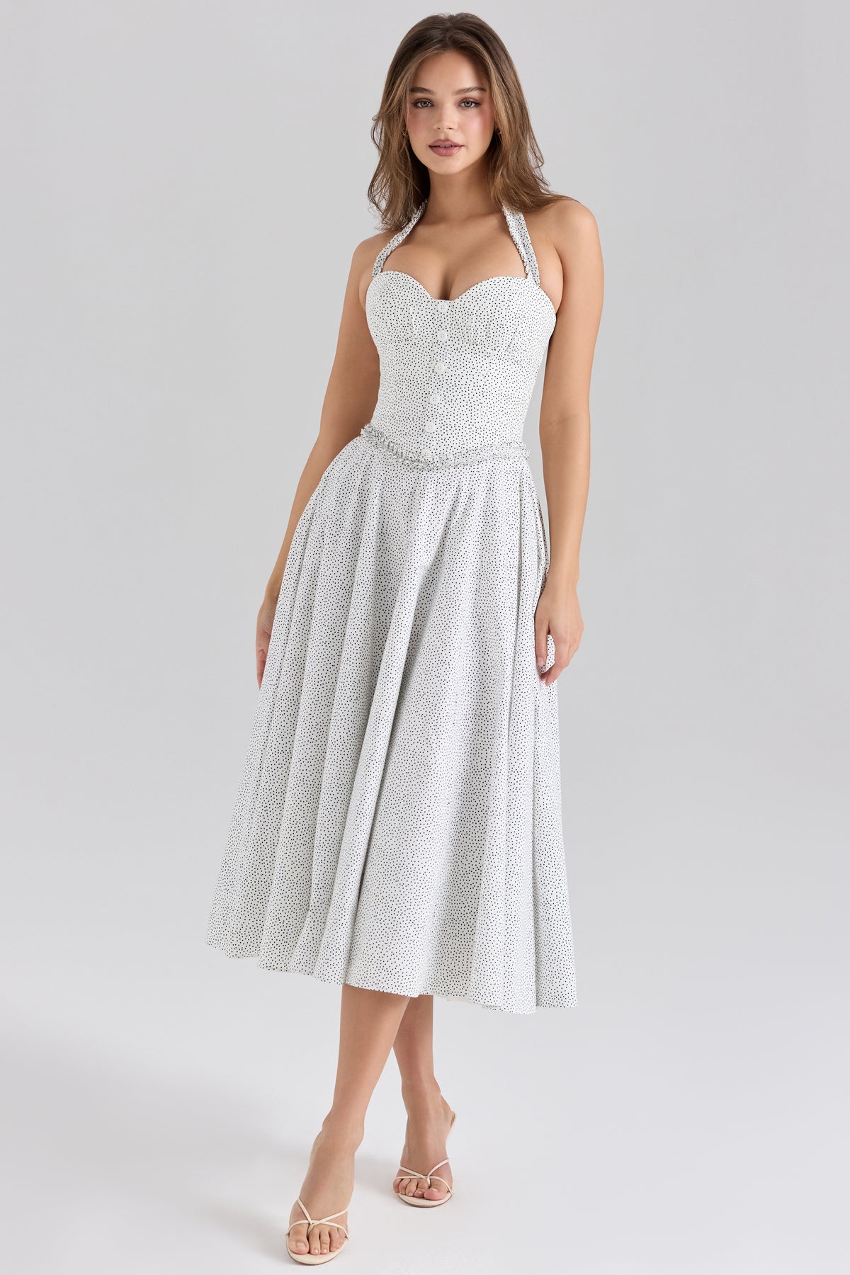 Cotton Halter Neck Polka Dot Print Midi Dress