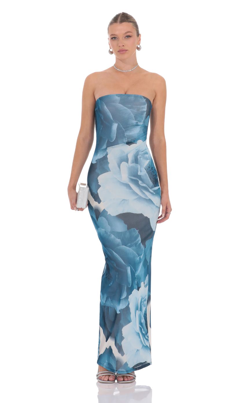 Floral Strapless Maxi Dress in Blue