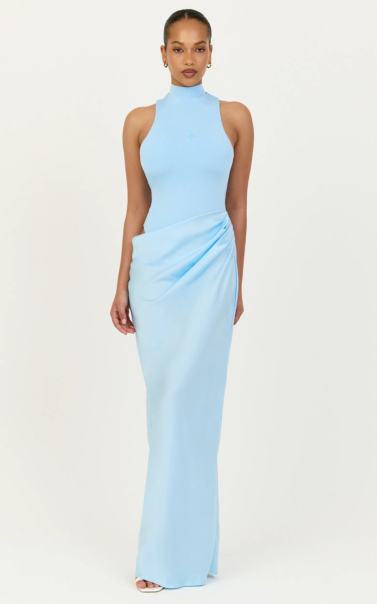 Elodie Maxi Dress - High Neck Draped Overlay Dress in Light Blue