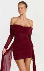 Coraline Mini Dress - Long Sleeve Off Shoulder Lurex Mesh Dress in Wine