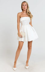 Valora Mini Dress - Strapless Fit and Flare Satin Dress in Ivory