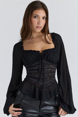 Black Long Sleeve Georgette Peplum Top